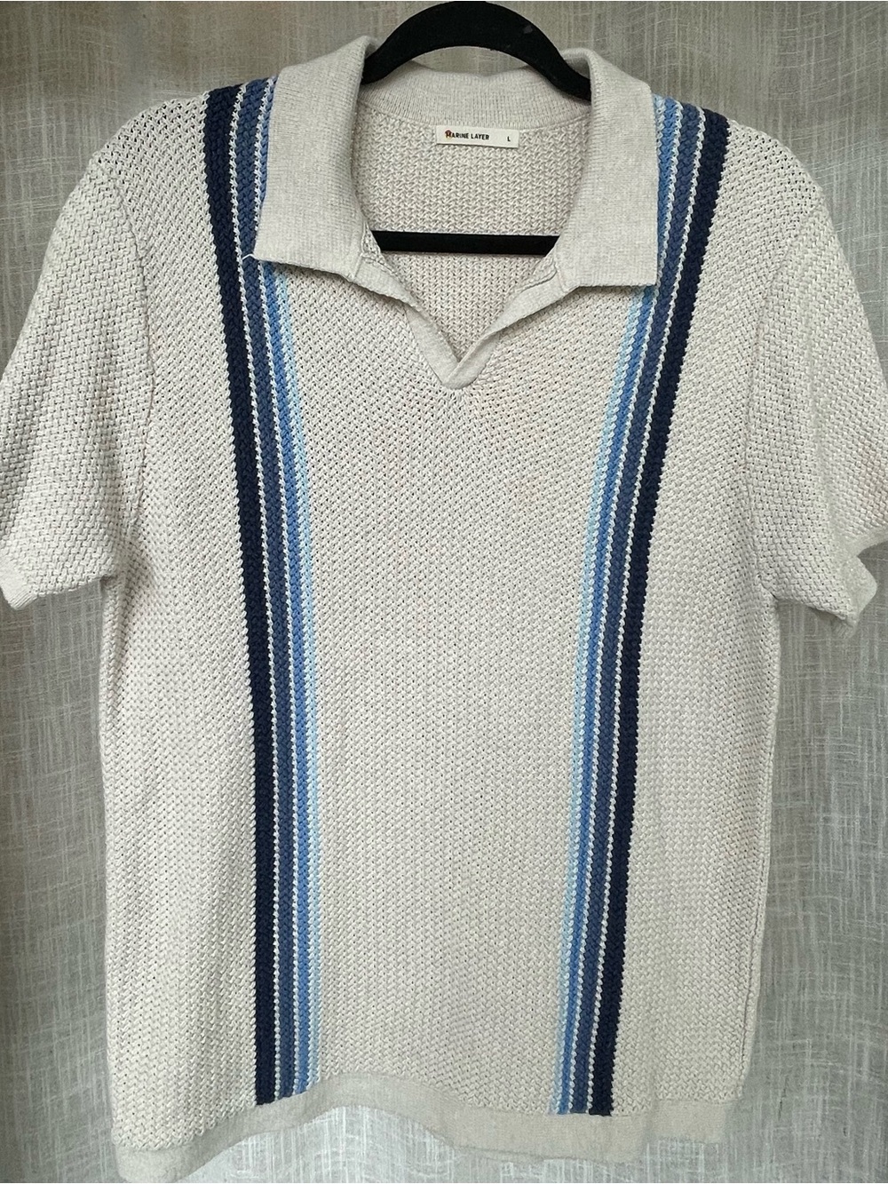 Marine Layer Cream Knit Polo with Blue Stripe Accents